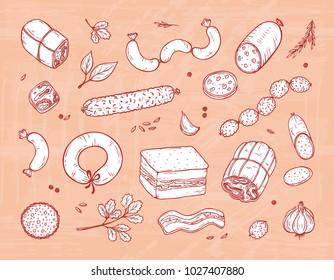 Vector Food. Sausages set. Meat products: Ready sausage, bacon, sliced saveloy, sausage, spicy pepperoni, smoked sausages, salami, baked meatloaf, frankfurters