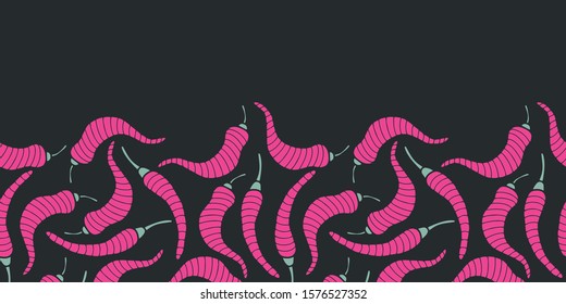 Vector food seamless border in pink and grey. Simple doodle chili pepper hand drawn made into repeat. Great for invitations, decor, packaging, ribbon, greeting cards, stationary, menu.
