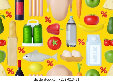 Vector food seamless pattern. 3d realistic vector with milk, sugar, flour, vanilla, eggs, mixer, baking powder, rolling, whisk, spoon vanilla bean, butter and kitchen dish. Natural food organic fruits