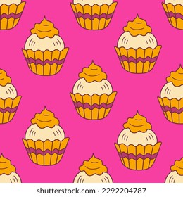 Vector food seamless pattern with bright sweets.Funny vibrant seamless background with hand drawn Brazilian brigadeiro candies in cartoon childish style for birthday, kids, wrap, packaging paper