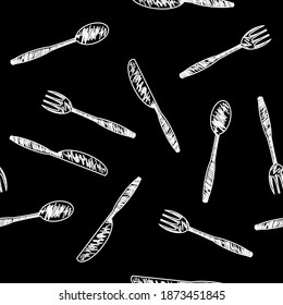 Vector Food Seamless Pattern for Cafe. Fork Spoon Knife Logo Design Isolated on Black Background.