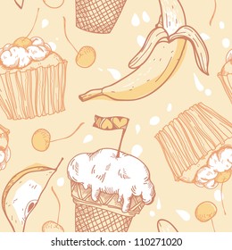 vector food seamless pattern with cakes, fruits and ice-cream