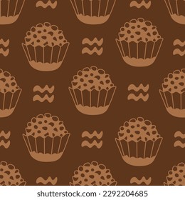 Vector food seamless pattern with chocolate candy. Hand drawn brown seamless background with Brazilian traditional dessert brigadeiro. Repeat candy silhouette in line doodle style 