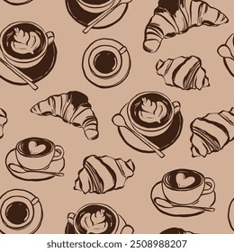 Vector food seamless pattern of coffee, croissant, cup and spoon. Hand-drawn Italy food elements isolated on white background. Illustration for design, print or background. Trendy collection.