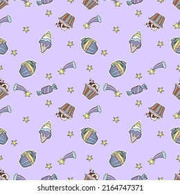 Vector food seamless pattern with cupcakes, candies, donuts. Hand drawn illustration.