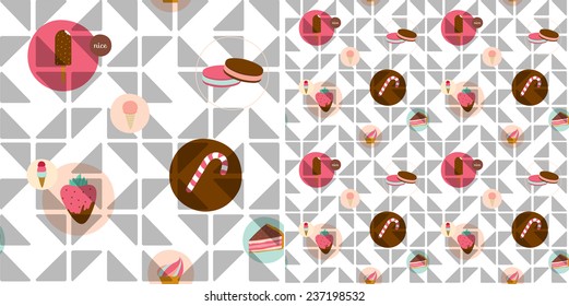 Vector food seamless pattern with dessert icons in circles. Sweet bakery and ice cream, for restaurants, cafes, cake manufacturer, on line shop, events. Pattern with mosaic triangles.