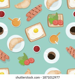 Vector food seamless pattern. Fresh products and drinks for breakfast. Fried eggs, toasts, croissants, coffee and orange juice. flat design.