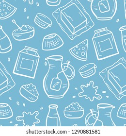 Vector Food Seamless Pattern. Hand Drawn Sketch Doodle Dairy Products Background