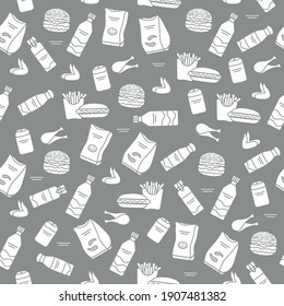 Vector Food Seamless pattern Illustration Cooking Fast food Snack Picnic Harmful eating habits Unhealthy lifestyle Hamburger French fries Chips Hotdog Chicken Design for textile, wrapping, print