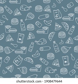 Vector Food Seamless pattern Illustration Cooking Fast food Snack Picnic Harmful eating habits Unhealthy lifestyle Sausage Hamburger Cheese Pizza French fries Chips Hotdog Ham Chicken Design for print