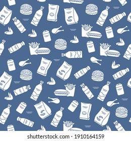 Vector Food Seamless pattern Illustration Cooking Fast food Snack Picnic Harmful eating habits Unhealthy lifestyle Hamburger French fries Chips Hotdog Chicken Design for textile, wrapping, print