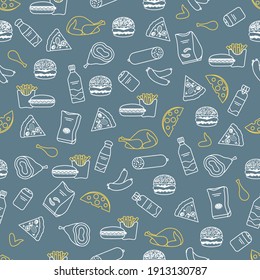 Vector Food Seamless pattern Illustration Cooking Fast food Snack Picnic Harmful eating habits Unhealthy lifestyle Sausage Hamburger Cheese Pizza French fries Chips Hotdog Ham Chicken Design for print
