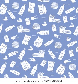 Vector Food Seamless pattern Illustration Cooking Fast food Snack Picnic Harmful eating habits Unhealthy lifestyle Hamburger French fries Chips Hotdog Chicken Design for textile, wrapping, print