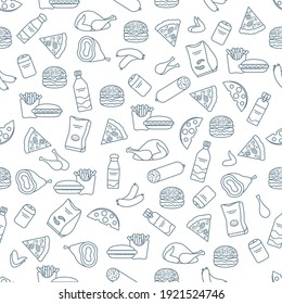 Vector Food Seamless pattern Illustration Cooking Fast food Snack Picnic Harmful eating habits Unhealthy lifestyle Sausage Hamburger Cheese Pizza French fries Chips Hotdog Ham Chicken Design for print