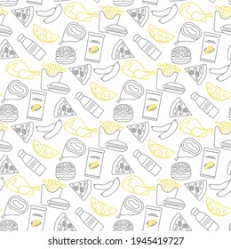 Vector Food Seamless pattern Illustration Cooking Fast food Snack Picnic Harmful eating habits Unhealthy lifestyle Sausage Hamburger Cheese Pizza French fries Chips Hotdog Ham Chicken Design for print