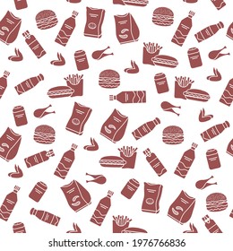 Vector Food Seamless pattern Illustration Cooking Fast food Snack Picnic Harmful eating habits Unhealthy lifestyle Hamburger French fries Chips Hotdog Chicken Design for textile, wrapping, print