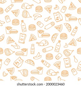 Vector Food Seamless pattern Illustration Cooking Fast food Snack Picnic Harmful eating habits Unhealthy lifestyle Sausage Hamburger Cheese Pizza French fries Chips Hotdog Ham Chicken Design for print