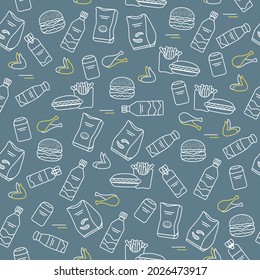 Vector Food Seamless pattern Illustration Cooking Fast food Snack Picnic Harmful eating habits Unhealthy lifestyle Hamburger French fries Chips Hotdog Chicken Design for textile, wrapping, print