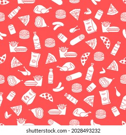 Vector Food Seamless pattern Illustration Cooking Fast food Snack Picnic Harmful eating habits Unhealthy lifestyle Sausage Hamburger Cheese Pizza French fries Chips Hotdog Ham Chicken Design for print