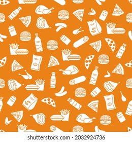 Vector Food Seamless pattern Illustration Cooking Fast food Snack Picnic Harmful eating habits Unhealthy lifestyle Sausage Hamburger Cheese Pizza French fries Chips Hotdog Ham Chicken Design for print