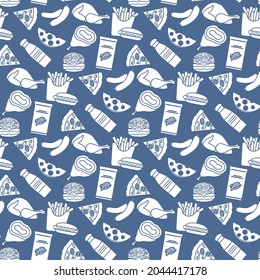 Vector Food Seamless pattern Illustration Cooking Fast food Snack Picnic Harmful eating habits Unhealthy lifestyle Sausage Hamburger Cheese Pizza French fries Chips Hotdog Ham Chicken Design for print
