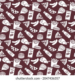 Vector Comida Patrón sin foco Ilustración Cocina comida rápida Snack Picnic hábitos alimenticios nocivos Estilo de vida poco saludable Salchicha Hamburguesa Queso Pizza papas fritas Chips Hotdog Ham Chicken Design para impresión