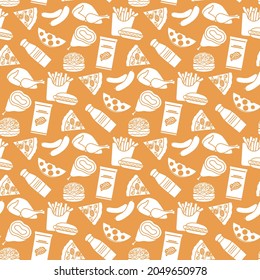 Vector Comida Patrón sin foco Ilustración Cocina comida rápida Snack Picnic hábitos alimenticios nocivos Estilo de vida poco saludable Salchicha Hamburguesa Queso Pizza papas fritas Chips Hotdog Ham Chicken Design para impresión