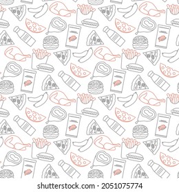 Vector Food Seamless pattern Illustration Cooking Fast food Snack Picnic Harmful eating habits Unhealthy lifestyle Sausage Hamburger Cheese Pizza French fries Chips Hotdog Ham Chicken Design for print