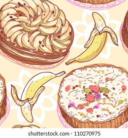 vector food  seamless pattern with pies and bananas