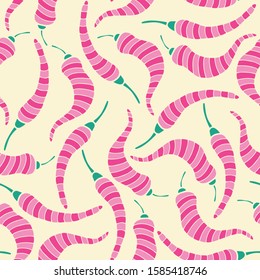 Vector food seamless pattern in pink and beige. Simple doodle chili pepper hand drawn made into repeat. Great for background, wallpaper, wrapping paper, packaging, fashion.