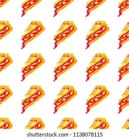 Vector food seamless pattern with a slanted sliced apple pie isolated on the white background.