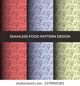 Vector food seamless patterns collection. Black and bright colorful background swatches