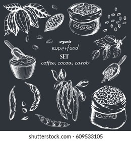 Vector food set with cocoa, carob, coffee elements. Hand drawn bags of coffee, cocoa beans, powder, branch of coffee and branch of cocoa and carob in sketch style. For restaurant menu, food wrapping