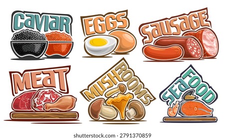 Vector Food Set, collection of 6 isolated still life compositions of various organic meat products with text for package, group of cartoon whole and pieces healthy foods with names on white background
