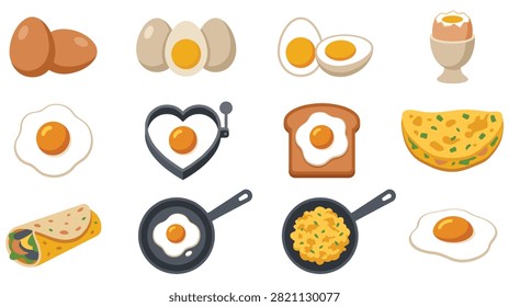 Vector food set depicting eggs in different forms such as fried boiled scrambled and omelet for breakfast menus restaurant design and culinary projects.