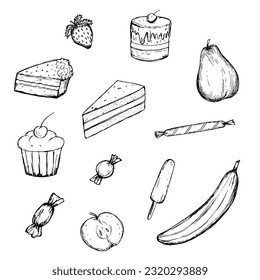 Conjunto de alimentos vectoriales, dibujo de tinta de elementos aislados. Dulces y frutas.