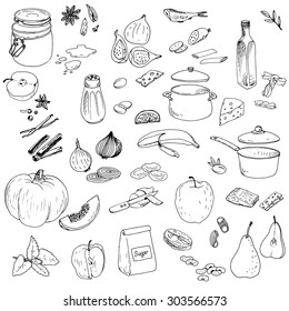 vector food set, ink drawing isolated elements