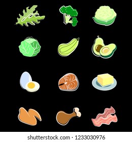Vector food set on black background. Paleo ketogenic products. Keto diet.