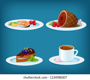 Vector food set - plate with grilled fish, lemon and vegetables, grilled meat and tomato, blackberry cake and mint, coffee cup with zephyr marshmellow