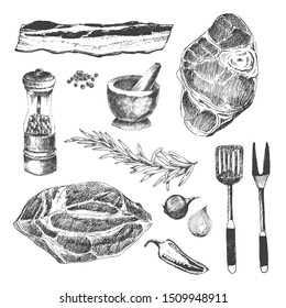 vector food sketch. hand drawn illustration of bacon, steak, meat, spices, rosemary and kitchen utensils. restaurant design template
