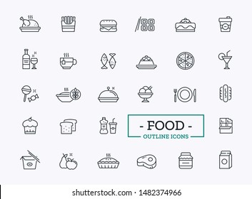 Vector Food thin line icons with sign of milk, tea, bread, pie, ice cream, gelato for web