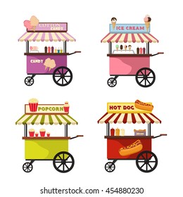 Vector of food truck icon designs.Cartoon food trucks delivery and street food van. Fast food delivery cart. Flat design vector food trucks transportation vehicle. Food truck and street food cart.