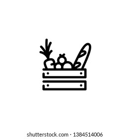 Vector food wooden box icon template. Line grocery logo background with organic fruits and vegetables. Farmers market wood crate illustration. Healthy natural product design concept