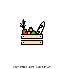 Vector food wooden box icon template. Farmers market wood crate illustration. Line grocery logo background with organic fruits and vegetables. Healthy natural product design concept