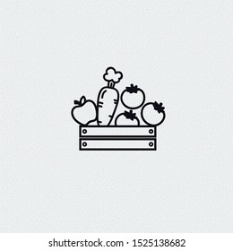 Vector food wooden box icon. Line grocery logo background with organic fruits and vegetables. Farmers market wood crate illustration.