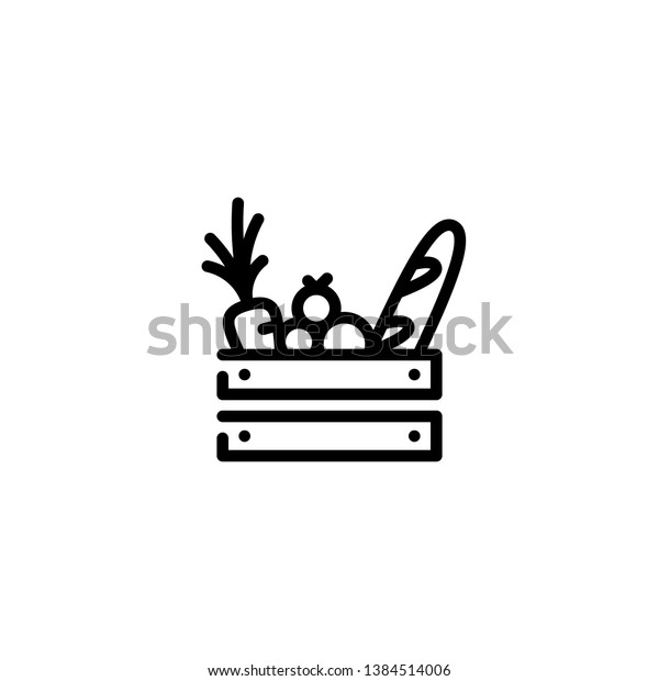 Vector food wooden box icon template. Line\
grocery logo background with organic fruits and vegetables. Farmers\
market wood crate illustration. Healthy natural product design\
concept