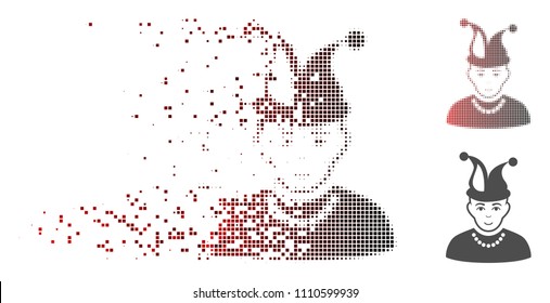 Vector fool boy icon in sparkle, pixelated halftone with red to black horizontal gradient and undamaged solid versions. Disappearing effect uses square particles.