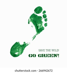 Vector Foot Imprint. Green ecological slogan card. Isolated trace on white background for your design. Blank space for text. Distress painted texture with visible brush strokes. For poster, banner