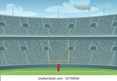 Vector Football Arena Background With Stadium Lights, Crowd, Blimp And Goalposts (daytime Landscape Version).