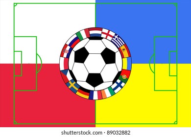 vector of football ball with field and flags of Poland and Ukraine